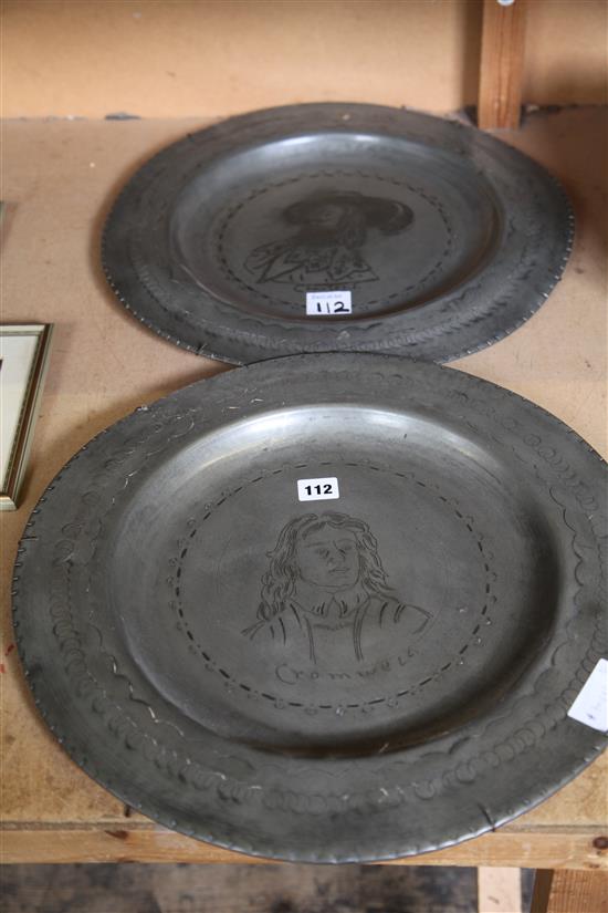 A pair of pewter chargers, later engraved portraits of Cromwell and Charles I